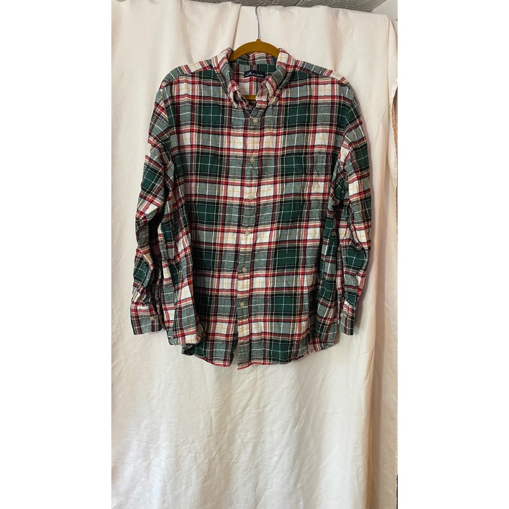 John Ashford 2XB Flannel Shirt Green Red Plaid Cotton Button Down Long Sleeve